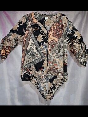 Dressbarn Paisley Button-Front Tie Hem Shirt in Black, Cream and Tan